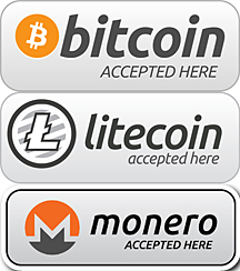 Crypto currency bitcoin litecoin and Monero accepted here